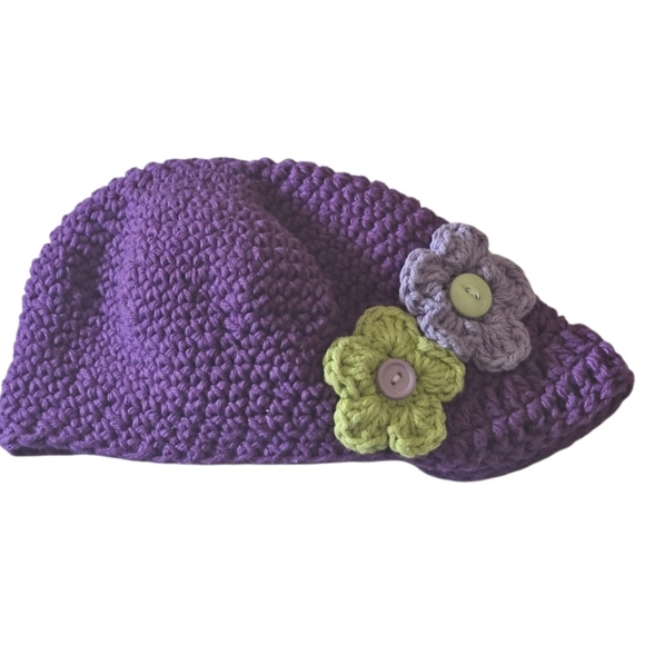 Handmade Boho Crochet Hat Cotton Floral Cap Purple Lavender Summer Werable Art - Picture 10 of 17
